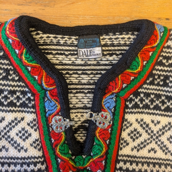 Dale of Norway Black and White Sweater with Red and Green Accents - Picture 3 of 6